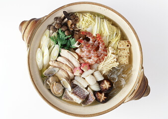 Sukiyaki on White background with clipping path. Popular Japanese foods. On top.