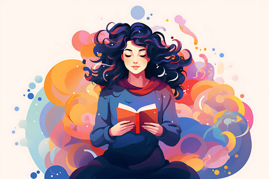 A young girl reads a book passionately. Around her, shapes and colors float, representing imagination and passion.