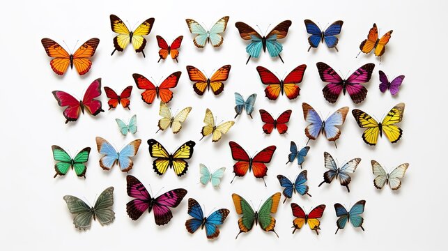 Beautiful colorful bright multicolored tropical butterflies isolated on white background. Butterfly. Generative Ai