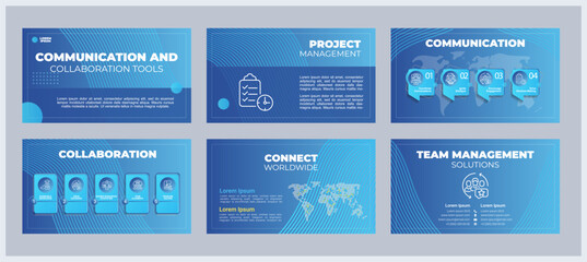 Communication and collaboration tools presentation templates set. Remote working. Team management. Ready made PPT slides on blue background. Graphic design. Montserrat, Arial fonts used