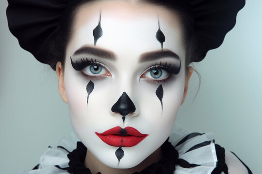 Woman's face with black and white Halloween Pierrot costume makeup