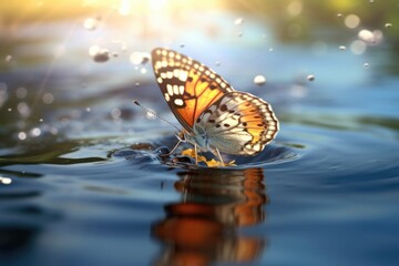 Fototapeta na wymiar A soaring beautiful butterfly on the water. Butterfly. Generative Ai