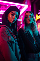 Young beautiful modern urban girls in fashion outfit in underground neon club ready to have fun at party. Illustration. Generative AI.