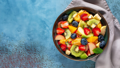 Bowl of healthy fresh fruit salad on a blue rusty background. Top view with copy space. Flat lay