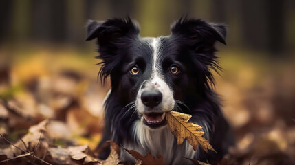 Fototapeta premium Beautiful black dog in the autumn forest, generative AI.