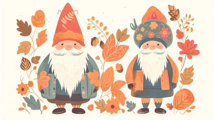 Fotobehang Illustration of cute fall autumn gnomes, generative AI. © puhimec