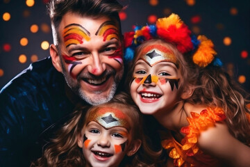 Fototapeta na wymiar Happy family, father and little daughters in costumes and make-up on Halloween celebration.