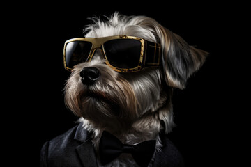 Glen Of Imaal Terrier In Suit And Virtual Reality On Black Background. Glen Of Imaal Terrier,Suit,Virtual Reality,Black Background. 