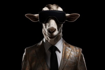 Goat In Suit And Virtual Reality On Black Background. Goat In Suit, Virtual Reality, Black Background, Vr Tech, Camera Angles, Artistic Presentations. 