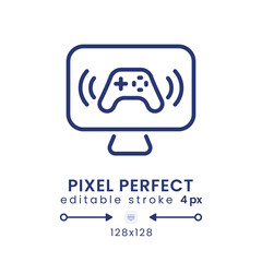 Gaming streaming linear desktop icon. Esports tournaments. Network broadcast. Pixel perfect 128x128, outline 4px. GUI, UX design. Isolated user interface element for website. Editable stroke