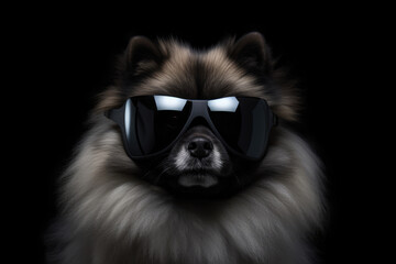 Keeshond In Suit And Virtual Reality On Black Background. Keeshond In Suit,Vr On Background,Vr Technologies, Fashion Trends,Virtual Environments,Animal Welfare. 