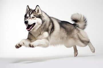 Jumping Moment, Alaskan Malamute Dog On White Background . Jumping Moment,Alaskan Malamute,Dog Breeds,Backgrounds,White Colour,Photography,Animal Poses,Canine Behaviour. 