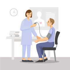 Measurement of blood pressure. The doctor measures the pressure of the patient. Vector illustration.
