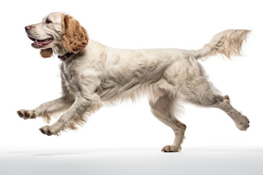 Jumping Moment, Clumber Spaniel Dog On White Background. Jumping Moment, Clumber Spaniel, White Background, Dog Breeds, Exercise Needs, Grooming, Training, Temperament.