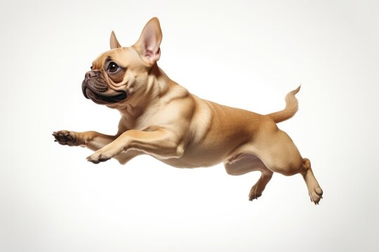 Jumping Moment, French Bulldog Dog On White Background. Jumping Moment, French Bulldog, Dog, White Background, Pet Photography, Posing For Photos, Breed Traits. 