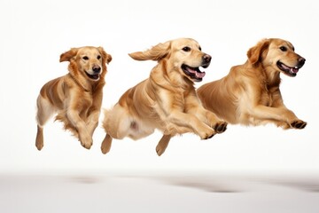 Jumping Moment, Three Golden Retriever Dog On White Background. Jumping Moment, Golden Retriever Joy, Adorable Dog Poses, Three Dog Family, White Background Simplicity. 