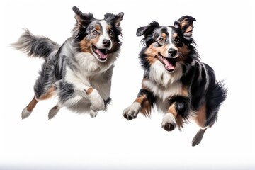Jumping Moment, Two Australian Shepherd Dog On White Background. Jumping Moment,Aussie Shep Dog,White Backgrd,Toys Fun,Training Tricks,Breed Facts,Health Concerns. 