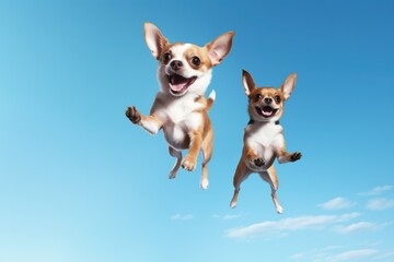Jumping Moment, Two Chihuahua Dogs On Sky Blue Background. Jumping Moment Technique, Preparation, Leaps, Movement, Style, Power, Balance, Form. 