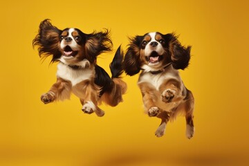 Jumping Moment, Two Cavalier King Charles Spaniel Dogs On Yellow Background. Jumping Moment, Cavalier King Charles Spaniel, Yellow Background, Dogs, Play Time, Bffs. 