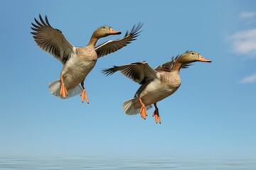 Jumping Moment, Two Ducks On Sky Blue Background . Jump,Ducks,Sky Blue,Moment,Background,Photography,Settings,Light. 