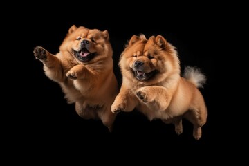 Jumping Moment, Two Chow Chow Dogs On Black Background. Jumping Moment, Chow Chow Dogs, Black Background, Photography, Cuteness, Puppy Love, Breeds, Contrast. 