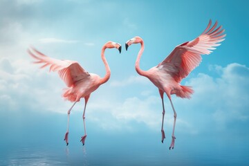 Jumping Moment, Two Flamingo On Sky Blue Background . Jumping Moment, Two Flamingo, Sky Blue Background, Movement, Capturing Movement, Wildlife Photography.
