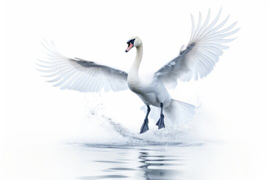 Jumping Moment, Swan On White Background. Jumping Moment, Swan On White Background, Serene Beauty, Photogenic Moment, Power Of Movement, Strength And Flexibility. 