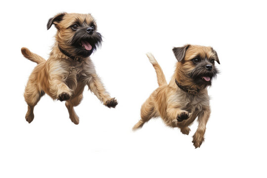Jumping Moment, Two Border Terrier Dog On White Background. Jumping Moment, Border Terrier, Dogs, White Background, Posing, Pet Photography, Playful Pups.