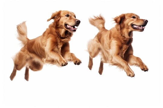 Jumping Moment, Two Golden Retriever Dogs On White Background. Jumping Moment, Golden Retriever, Dogs, Pet, White Background, Joy, Playtime, Running. 