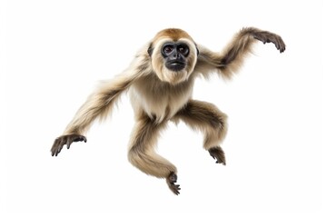 Jumping Moment, Whitehanded Gibbon On White Background. Jumping Moment, Whitehanded Gibbon, White Background, Primate Families, Diet Habits, Natural Behavior. Generative AI