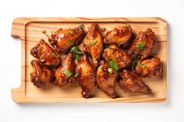 Top View, Chicken Adobo On A Wooden Boardon White Background. Top View, Chicken Adobo, Wooden Board, White Background. Generative AI