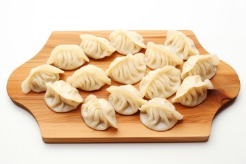 Fototapeta na wymiar Top View, Dumplings On A Wooden Boardon White Background . Shooting Food Photos, Food Styling, Photography Lighting, Food Plating Techniques, Food Presentation. Generative AI