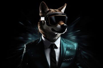 Wolf In Suit And Virtual Reality On Black Background. Wolves In Suits, Virtual Reality, Black Background, Combining Clothing And Tech, Fashion Tech Collaborations. Generative AI