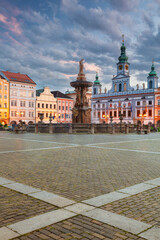 Obraz premium Ceske Budejovice, Czech Republic. Cityscape image of downtown Ceske Budejovice, Czech Republic with Premysl Otakar II Square and Samson Fountain at summer sunset.