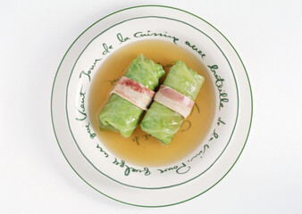 cabbage roll on White background with clipping path. Popular Japanese foods. On top.