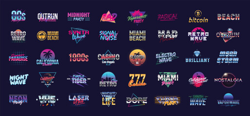 Retro 80s logo and signs. Vaporwave, Synthwave logo set for Night club, Casino, music album, party invitation designs. Print for t-shirt, tee. 40 colorful neon logo designs.