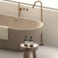 Modern minimalist bathroom interior with bathtub and cosmetic bottles mock up , 3d rendering 
