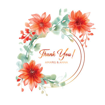 Thank You card red flowers with round shape watercolor paint