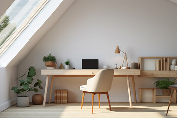 Interior of modern home office with white walls, wooden floor, white computer desk and armchair. 3d render