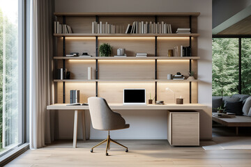 Interior of modern office with wooden walls, wooden floor, computer table and bookcase with folders. 3d rendering