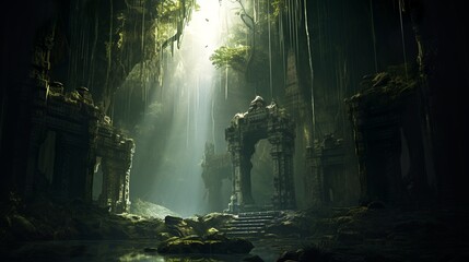 Ancient ruined temple in the jungle, Generative AI