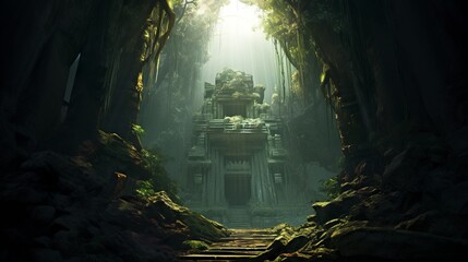 Ancient ruined temple in the jungle, Generative AI