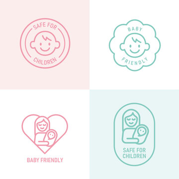 Baby friendly and Safe for children sticker set, Safety product or restaurant menu badge for children. Vector emblem design template.