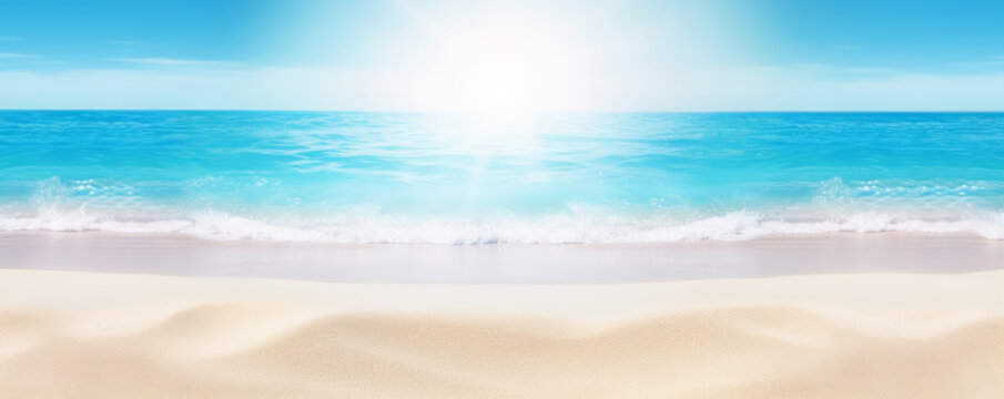 Sand beach and clear blue sea under the heat of the sun, with defocused background. Summer vacation mood banner. © mozZz
