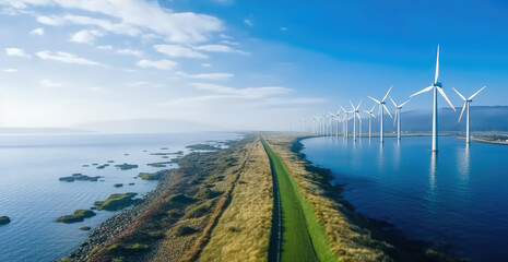 Windmill park in the ocean aerial view with wind turbine, Renewable energy eco. - obrazy, fototapety, plakaty