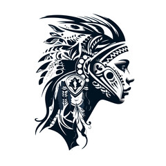 Black and white drawing for a profile tattoo of a girl in a mask and feathers