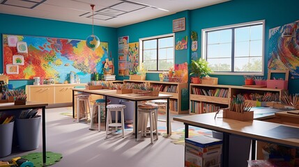 Bright vibrant classroom with inspirational posters, educational materials on the walls, Back to school concept, Generative ai