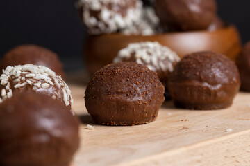 Cocoa and sugar chocolates, close up