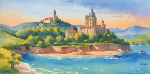 Watercolor view of France nature landscape. AI generated illustration