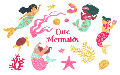 Set of multi ethnic mermaids, sea plants and animals flat style